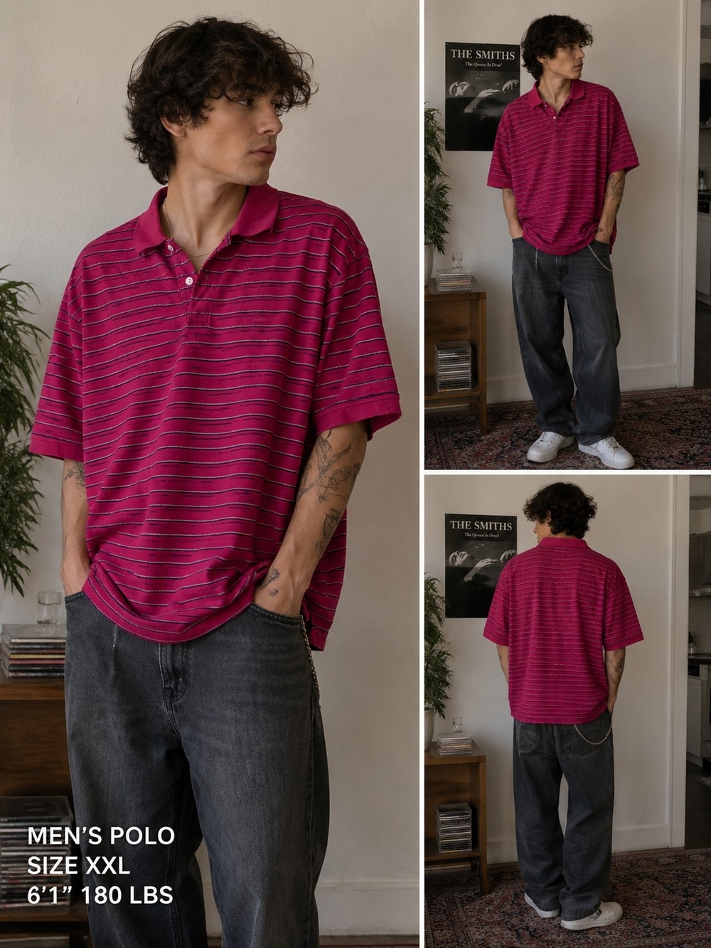 Vintage Cherokee Size XXL Men's Striped Polo Shirt - Red